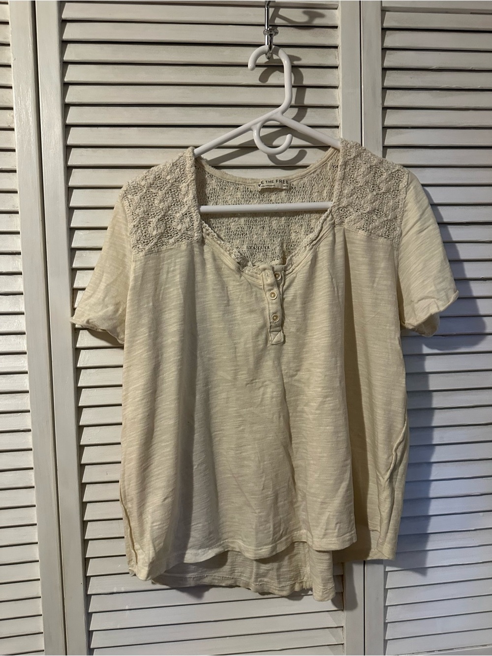 Free People Cream Lace-Panel Short Sleeve Henley